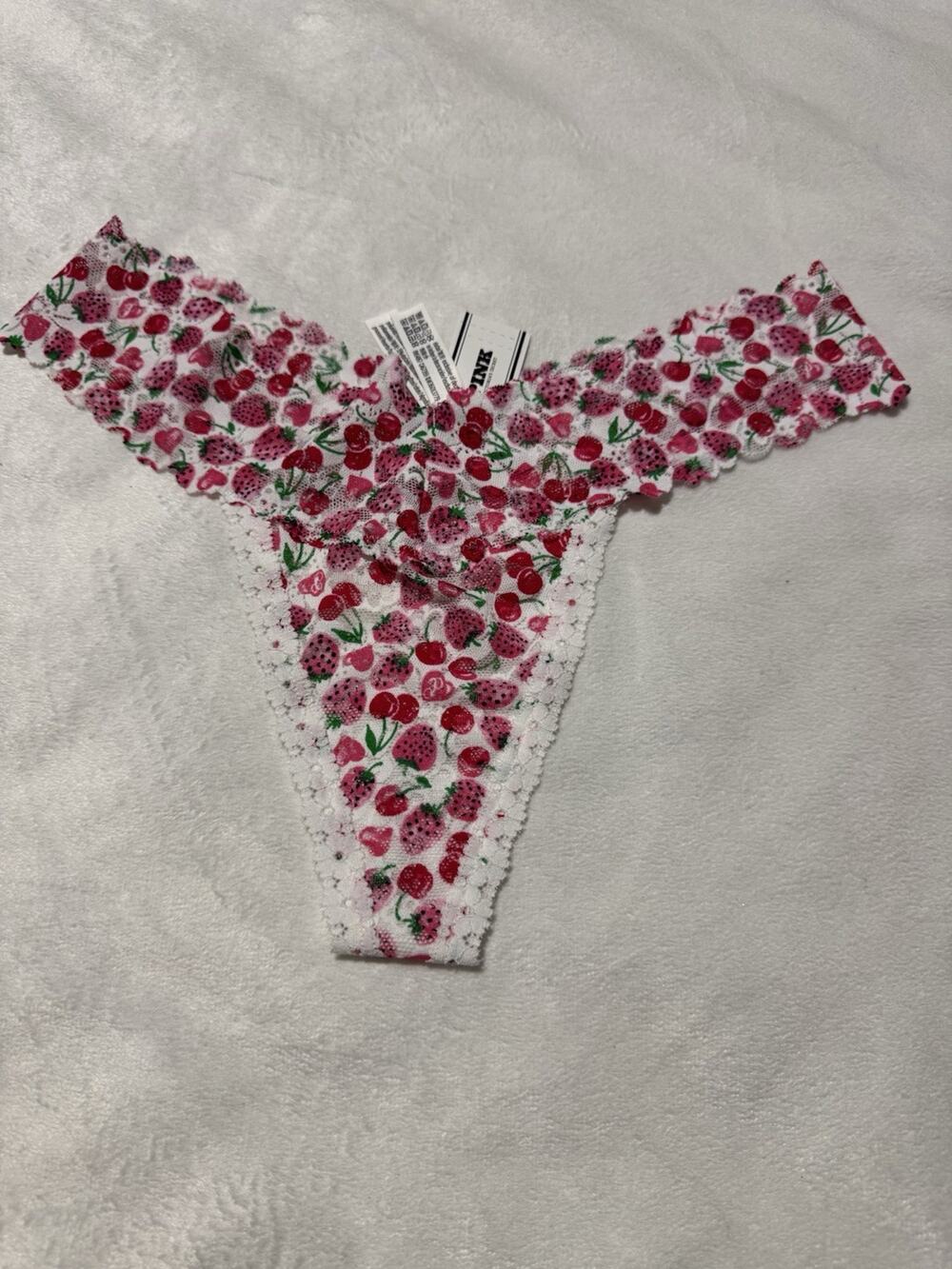 Victoria Secret Lace Thong Panty Strawberry Cherry Fruit Print White NWT M